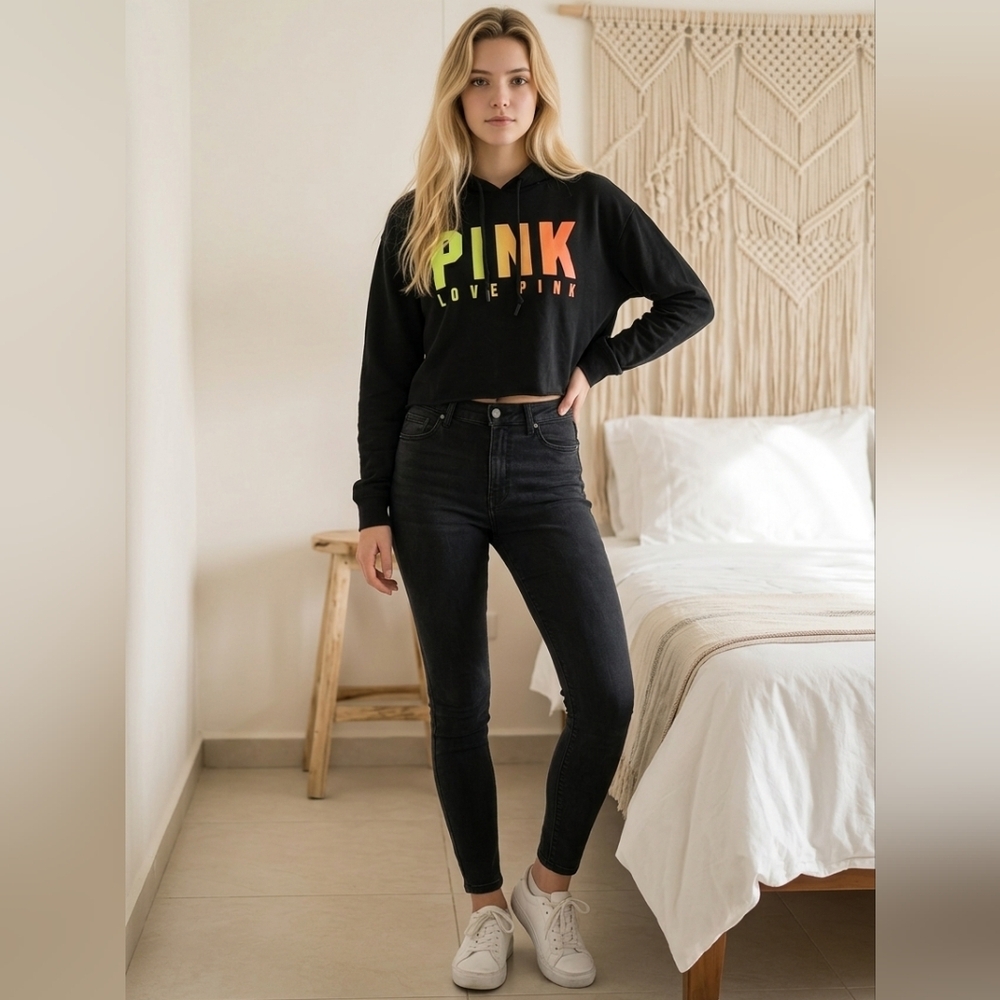 Victoria's Secret PINK Ombre Hoodie Raw Edge Cropped Sweatshirt S Open Back